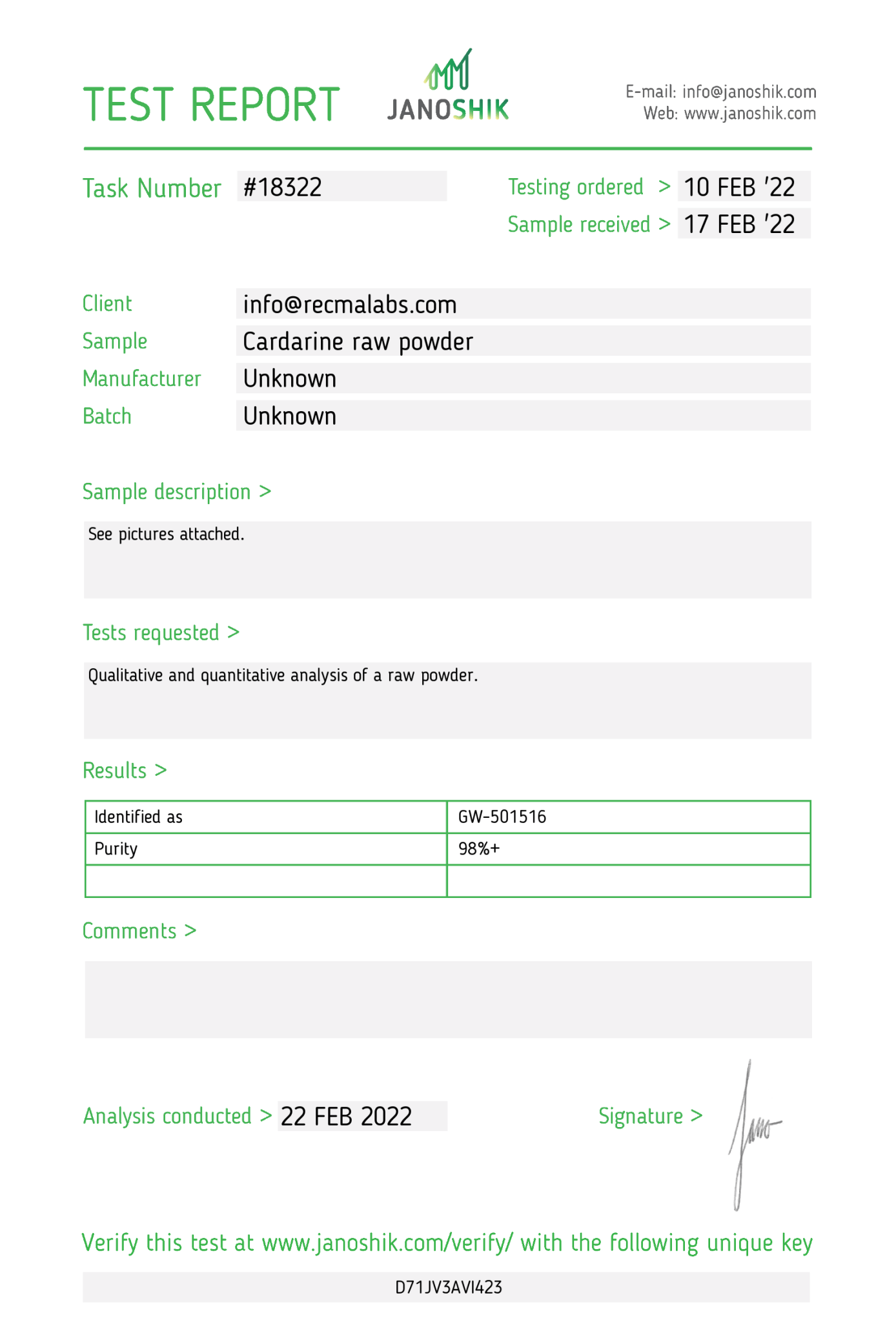 CARDARINE (GW-501516) – Solution, 600mg (20mg/mL) - Recma Labs